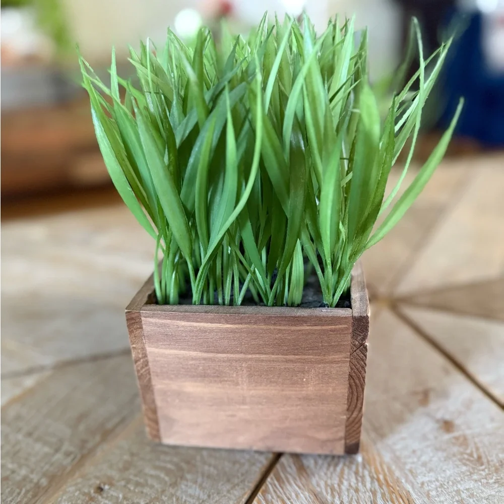 Faux Grass Plant Decor in Wooden Planter